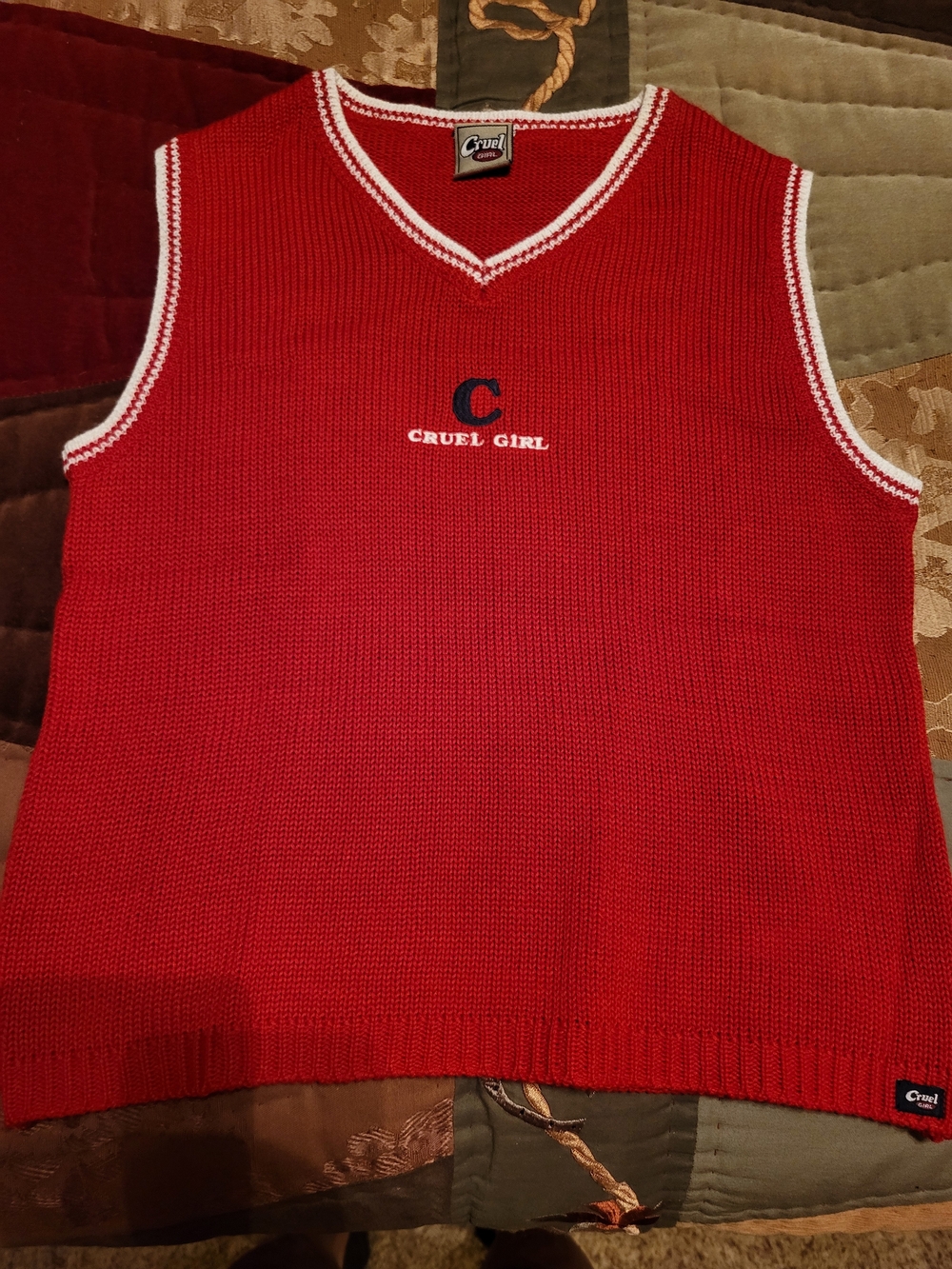Vintage Retro  1990's Cruel Girl Red Sleeveless V‑Neck Knit Vest with White Trim